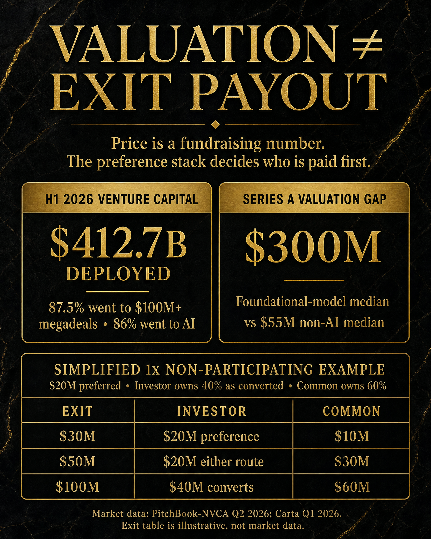 Venture capital concentration, valuation gap and a simplified preferred-stock exit waterfall